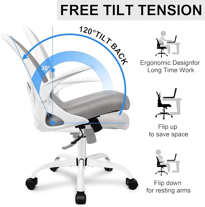 Primy Office Chair Ergonomic Desk Chair with Adjustable Lumbar Support and Height, Swivel Breathable Desk Mesh Computer Chair with Flip up Armrests for Conference Room(Gray)