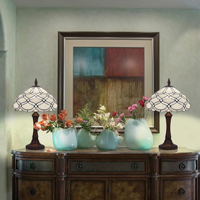 Tiffany Table Lamp,White Stained Glass Table Light,Antique Style Medium Size Desk Lamp Vintage Beside Reading Lamp for Living Room Bedroom Office