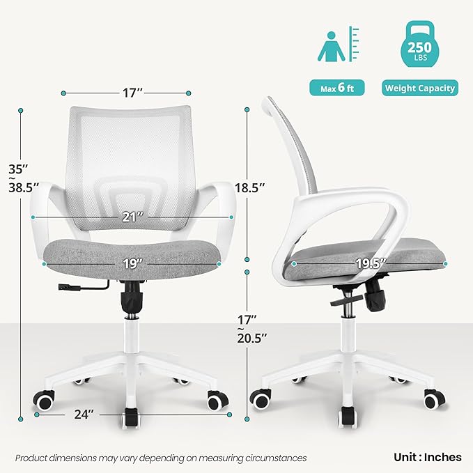 Office Chair with Ergonomic Mid Back Cushion Lumbar Support Adjustable Swivel Rolling Computer Gaming Desk Chair Comfy Mesh Seat Wheels Home Executive Use (1, Grey)
