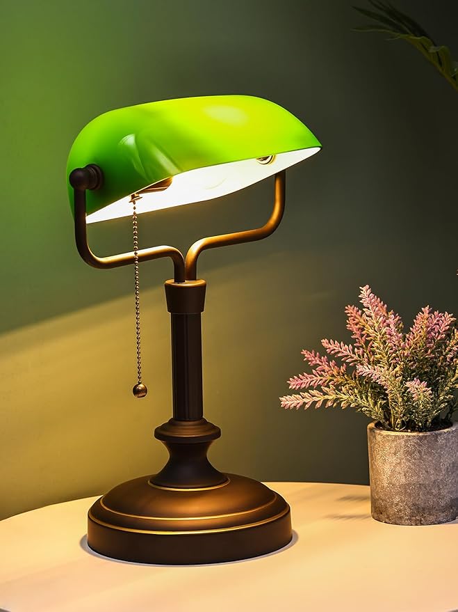 Traditional Banker's Desk Lamp with Glass Shade,Pull Chain Switch, LED Bulb Included (Antique Black+Green)