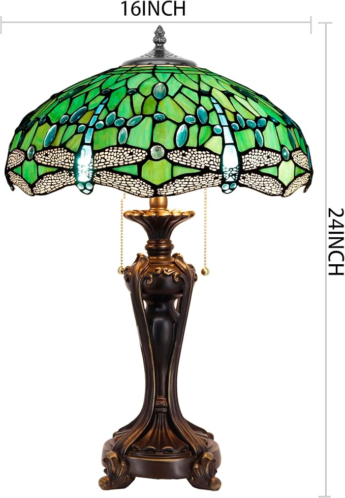 Tiffany Stained Glass Table Lamp 16X16X24 Inch Green Dragonfly Style Desk Bedroom Living Room Antique Reading Light (Green Dragonfly)