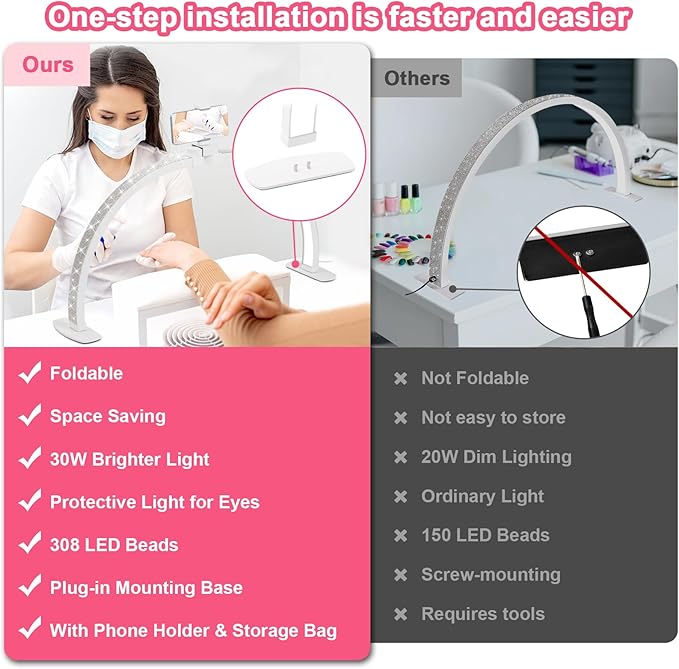 Upgraded Half Moon Light with Phone Holder, 23in Foldable Half Moon Light for Nail Desk, Nail Table Lamp with Stepless Dimming & Color Temperature (Small-23In)