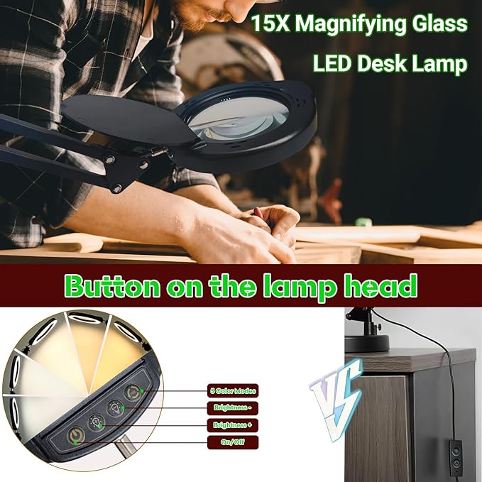 15X Magnifying Glass with Light and Clamp, 5 Color Modes 10 Levels Adjustable Brightness, 2-in-1 Desk Lamp with Clamp, Hands Free Magnifier with Dust Cover for Craft Hobby Reading Repair Close Works
