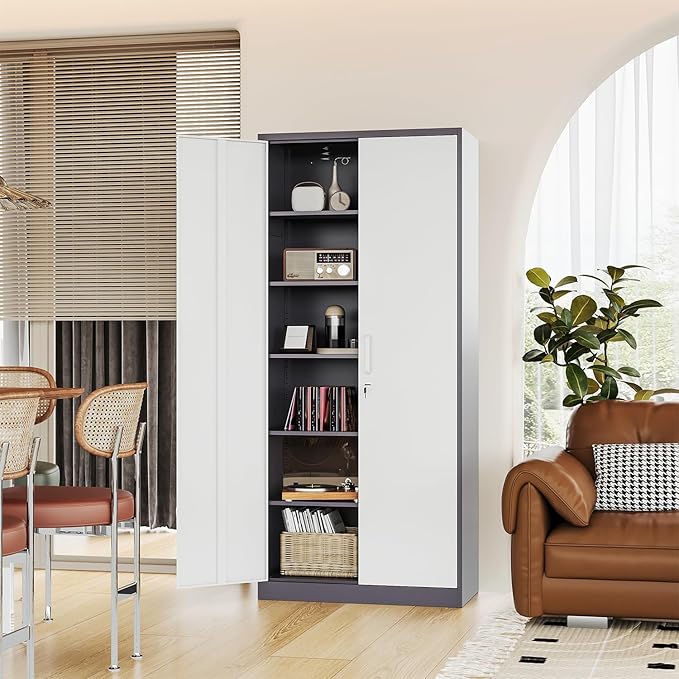 Metal Storage Cabinet-72” Tall Steel File Cabinets with Lockable Doors and 5 Adjustable Shelves-Gray&White Steel Storage Cabinet for Home, School, Office, Garage