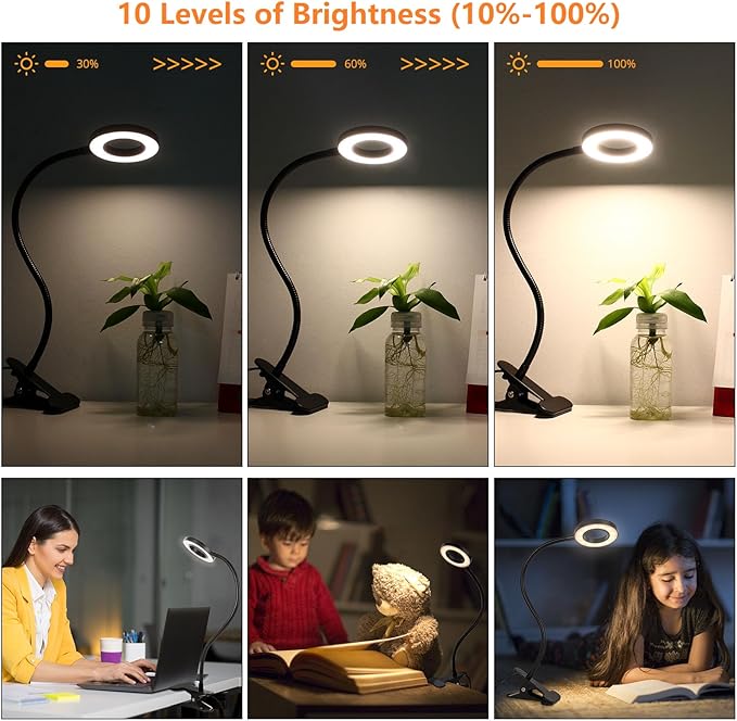 Desk Clip on Lamp for Reading Home Office, with 5V 2A Adapter, 10 Dimmable Brightness 3 Modes, Clamp Reading Light for Bed Headboard, Craft (Black)…