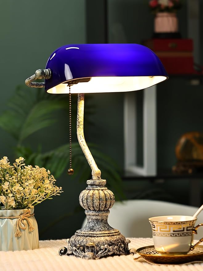 Newrays Retro Blue Glass Bankers Desk Lamp for Home Office,Library with Pull Chain Switch Plug in Fixture, LED Bulb Included