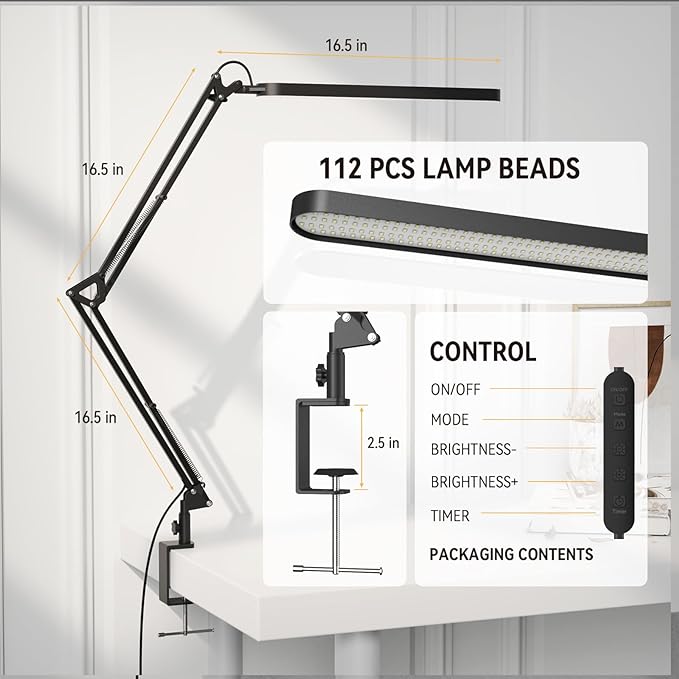 SKYLEO Led Desk Lamp - Desk Light for 31.5" Tall - 5 Color Modes X 11 Brightness Levels - Adjustable Swing Arm - Timmer & Memory Function - 12W Lamp for Desk - Black