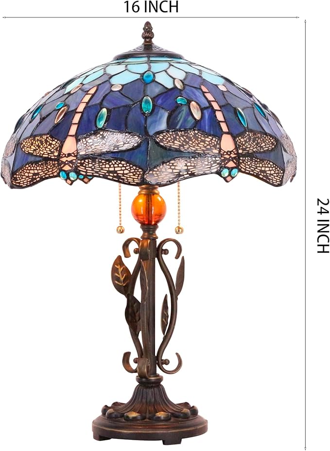 Tiffany Table Lamp Blue Dragonfly Stained Glass Desk Reading Light 16X16X24 Inch Metal Leaf Base for Bedroom Living Room Home Office