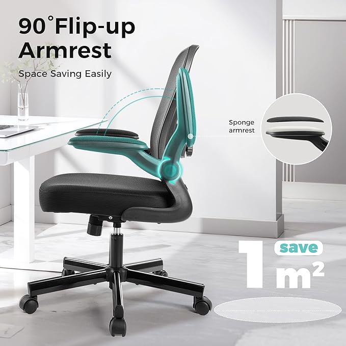 ALPHA HOME Office Chair Ergonomic, Mesh Computer Chair with Lumbar Support Executive Stool with Flip-up Armrest & Padded Cushion, BIFMA & SGS Certified