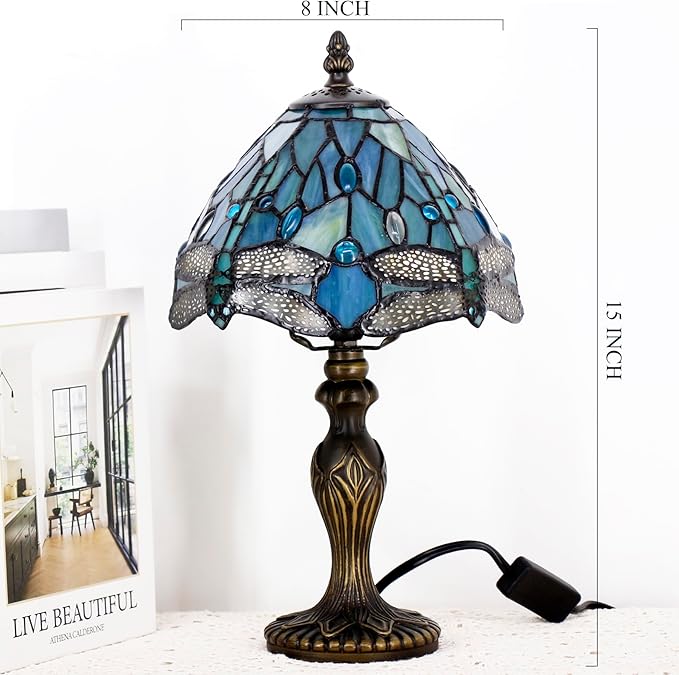 Small Tiffany Lamp Stained Glass Table Lamp Mini Desk Accent Light for Bedroom Bedside Reading Home Antique Style Decor 8X15 Inches (Blue Dragonfly)