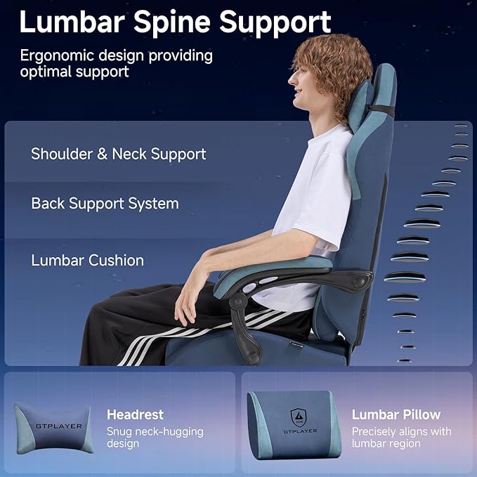 GTPLAYER Gaming Chair, Video Game Chairs with Footrest and Lumbar Support, Computer Chair for Adults with Extended Backrest, Ergonomic Reclining Silla Gamer, Fabric, Dark Blue
