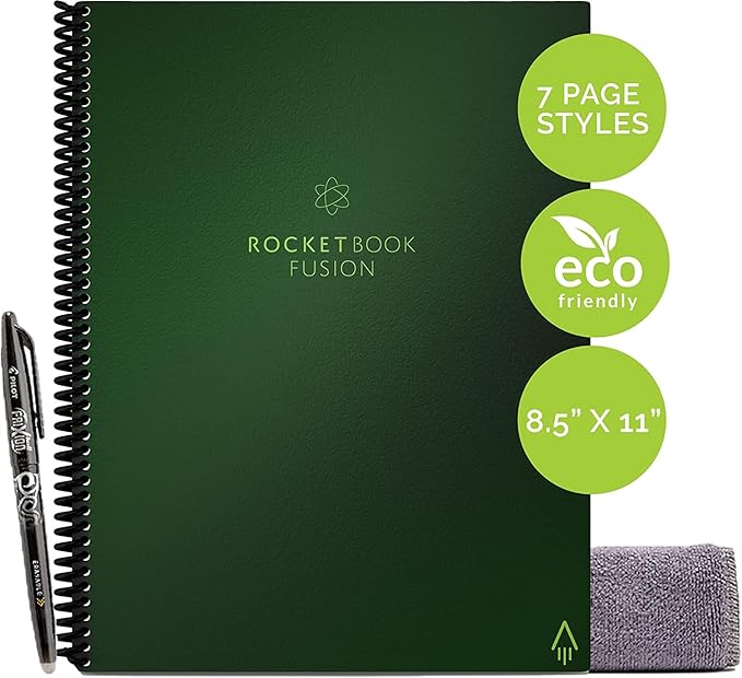 Rocketbook Fusion Reusable Undated Productivity Planner, Letter Size 8.5x11, Green - Goals, Monthly and Weekly Calendar, Daily To-do List, Lined and Dotted Notes Pages