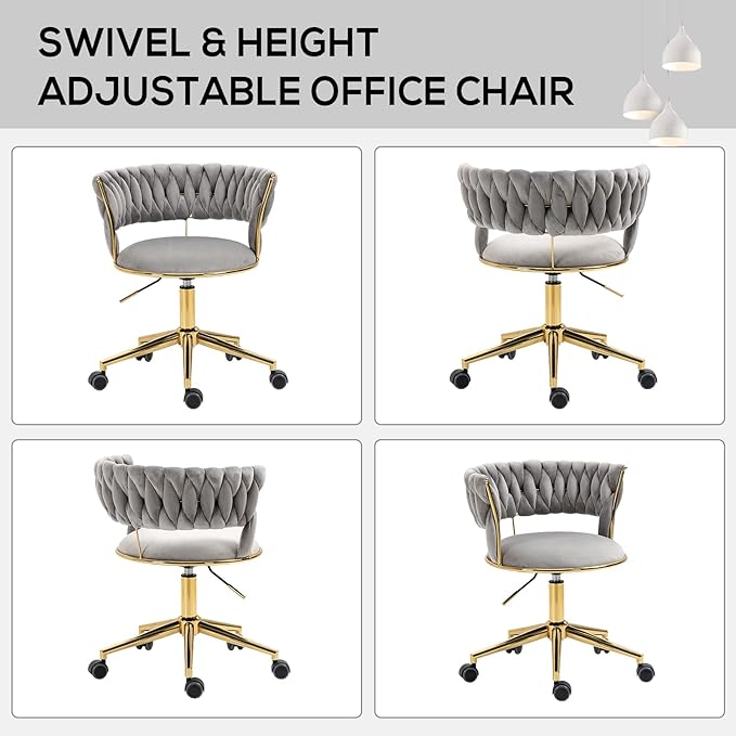 NIOIIKIT Velvet Office Desk Chair with Hand Woven Backrest, 360° Swivel & Height Adjustable Task Chairs, Makeup Chair, Living Room Chairs with Stainless Base and 5 Wheels (Grey)