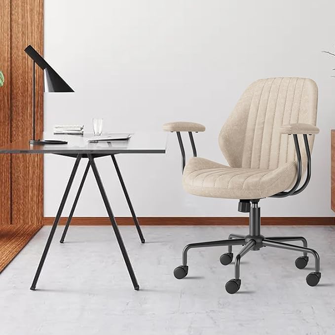 Mid Back Office Chair Mid Century Modern Executive Chair,Lumbar Support Ergonomic Home Office Desk Chair,Rolling Swivel Task Chair Task Chair Armrests Height Adjustable,350lbs (Beige)