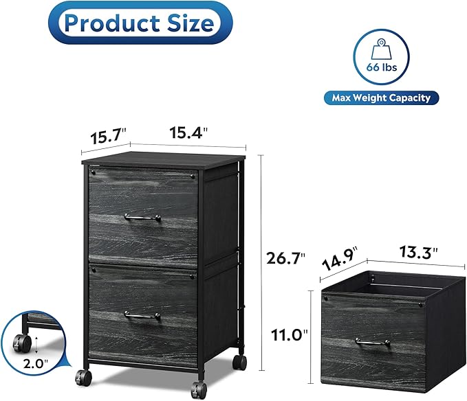 DEVAISE 2 Drawer Mobile File Cabinet, Rolling Printer Stand, Fabric Vertical Filing Cabinet fits A4 or Letter Size for Home Office, Charcoal Black Wood Grain Print