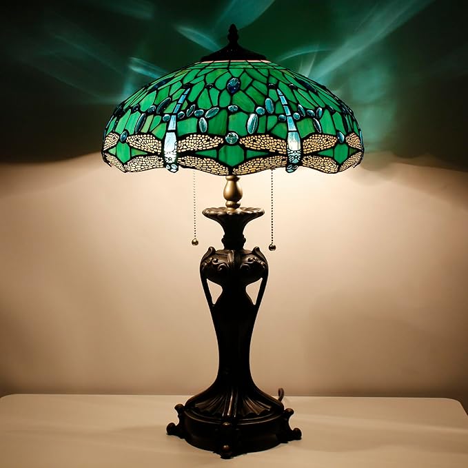 Tiffany Stained Glass Table Lamp 16X16X24 Inch Green Dragonfly Style Desk Bedroom Living Room Antique Reading Light (Green Dragonfly)