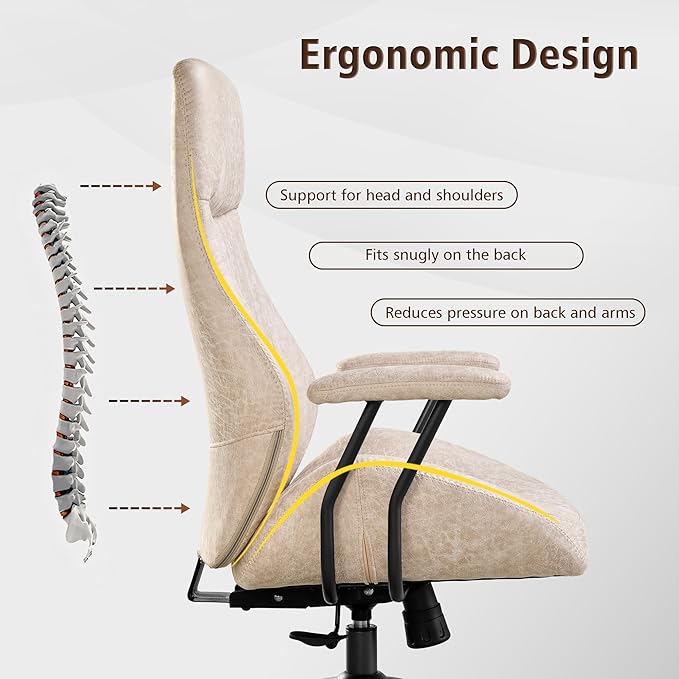 ovios Ergonomic High Back Office Chair, Mid-Century Modern Faux Suede Leather Chair with Padded Armrests, Comfy Executive Computer Task Swivel Rolling Chairs, Beige