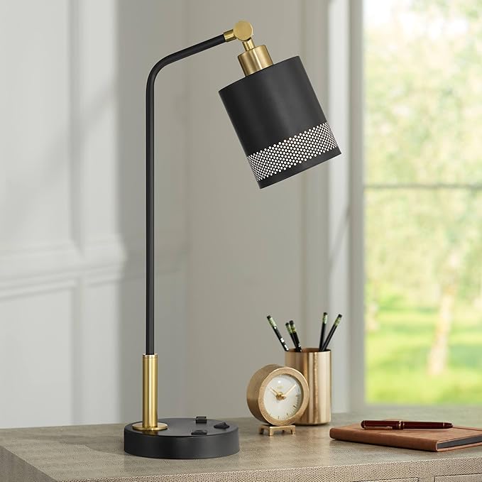 Possini Euro Design Keller 24" High Small Modern Desk Lamp USB Port AC Power Outlet Black Gold Brass Finish Metal Single Shade Home Office Living Room Charging Bedroom Bedside Nightstand House