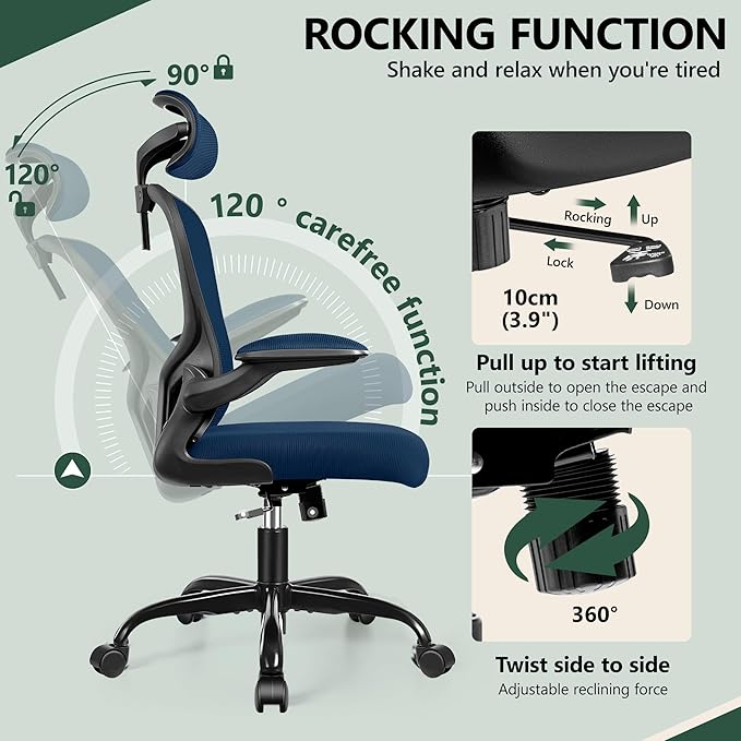 FelixKing Ergonomic Office Desk Chair with Headrest, Wheels, Adjustable Lumbar Support and Height, Swivel Comfy Task Chair with Flip-up Armrests, Ergo Mesh Backrest for Working (Navy)