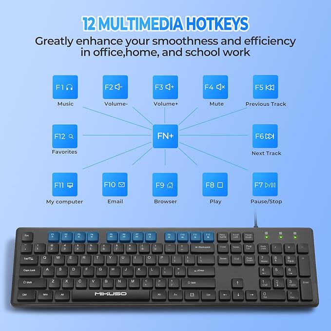 Wired Computer Keyboard Character anti fading,Corded Low-Profile, 12 Multimedia Hotkeys,1.6m Cable USB Interface Plug and Play Suitable for Computers, Laptop and PC,Full-Size,Number Pad, Office