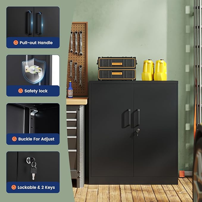 Yizosh Metal Garage Storage Cabinet with 2 Doors and 2 Adjustable Shelves - 35.5" Steel Lockable File Counter Cabinet for Home Office,Garage,Gym,School(Black)