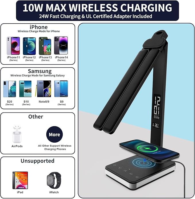 LED Desk Lamp with Wireless Charger, USB Charging Port, Dual Swing Arm Desk Light with 5 Brightness, 3 Colors, Table Lamp with Clock, Alarm, Date, Temperature, Desk Lamp for Home Office Study (Black)