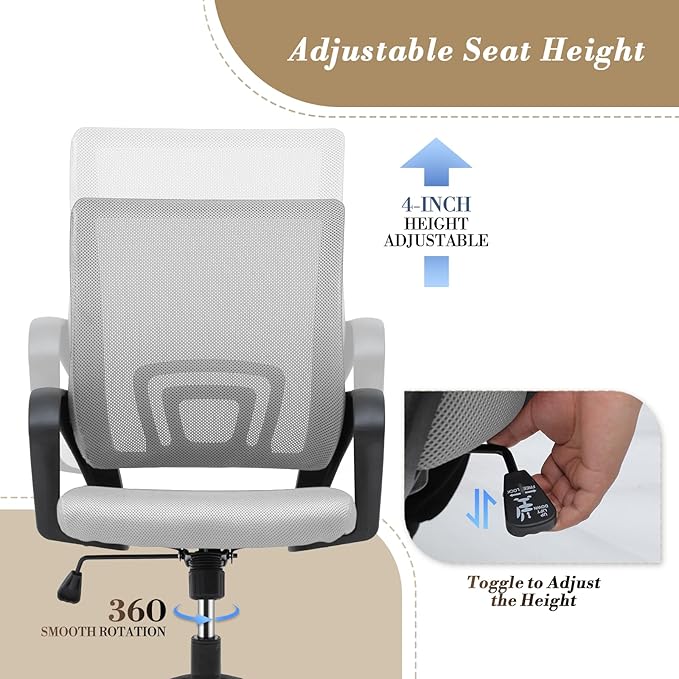 Athena Collection Computer Office Chair, Ergonomic Desk Chair with Rolling Wheels, Mesh Back Support and Height Adjustable, Small and Comfy for Home Office, Study, Light Grey