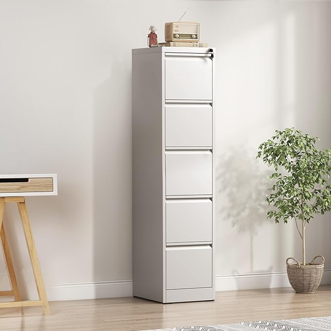 5-Drawer Locking Vertical File Cabinet, Metal Storage Cabinet for Office/Home – Secure Vertical Filing for Letter/Legal/A4/F4 Documents, Easy to Assemble Steel Cabinet (White, 5 Drawer-64 H)