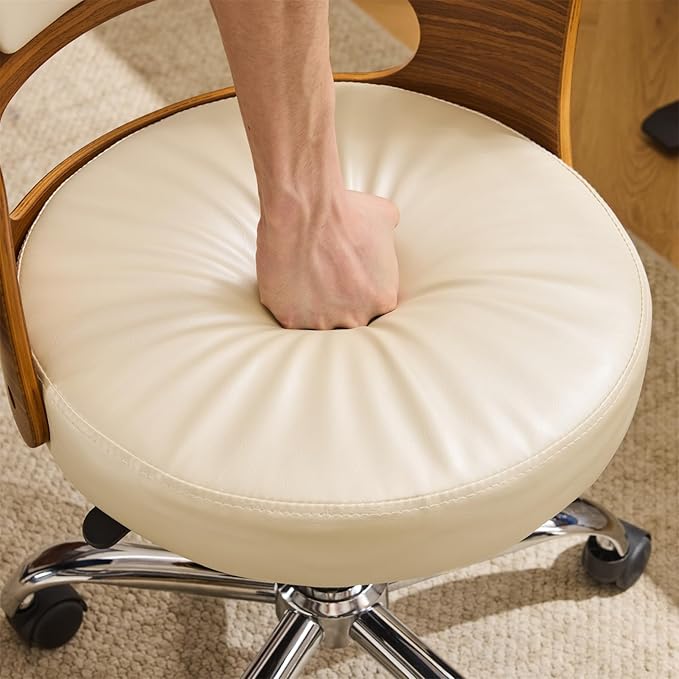 VINGLI Armless Home Office Desk Chair, Adjustable Swivel Chair,Dual-Use with/no Wheels,Small Retro Designed Walnut Curved Task Chair,Cushioned Nail Tech Chair for Study Area,Workspace,PU,Ivory White