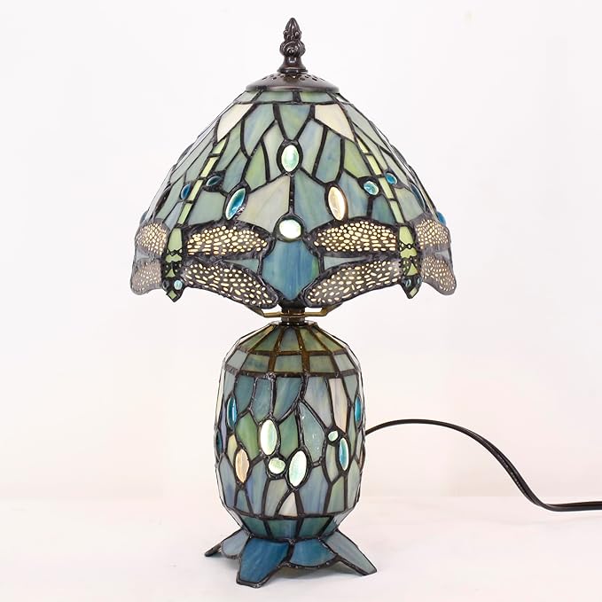 Small Tiffany Lamp Stained Glass Table Lamp Mini Mother Daughter Vase Desk Accent Light for Bedroom Bedside Reading Home Antique Style Decor 8X14 Inches (Sea Blue Dragonfly)