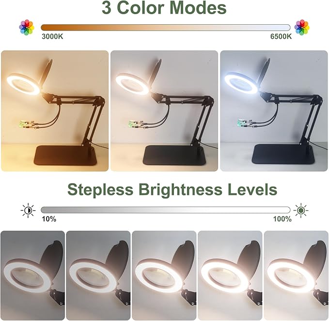 Magnifying Glass with Light, EOOKU 3-in-1 Magnifying Desk Lamp 5X LED Magnifying Lamp with Heavy Base & Clamp, 5 Color Modes Stepless Dimmable, Magnifier Light for Soldering Craft Workbench