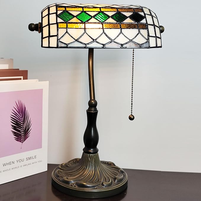 Small Tiffany Style Banker Table Lamp Small Stained Glass Piano Desk Lamp Vintage Bedside Lamp for Home Living Room Office (White-Green Checkered)