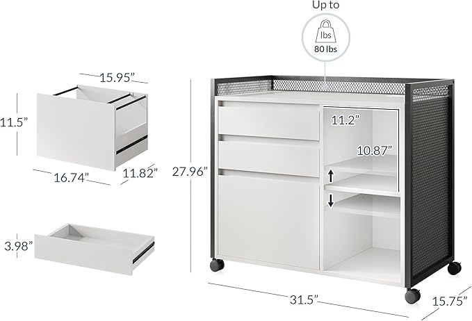 BELLEZE 3-Drawer Mobile File Cabinet Desk with Ultra-Fast USB Type A/C Outlet, Rolling Printer Stand with 2-Tier Open Shelves, Lateral Filing Cabinet for Home Office (Rider Desk - White)