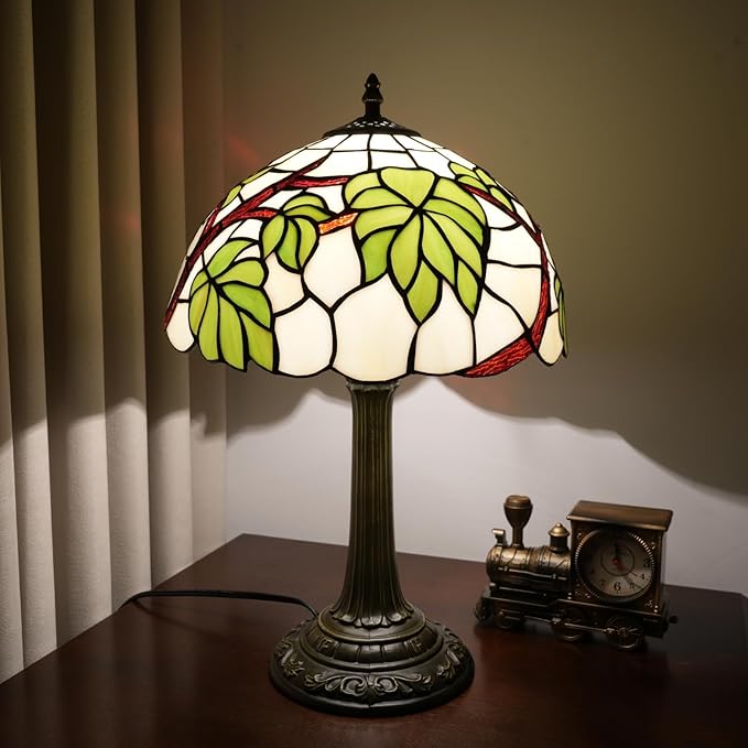 Tiffany Lamp Stained Glass Table Lamp 12 Inch Green Grape Leaf Tiffany Style Vintage Nouveau Lamp For Bedroom Living Room Study Coffee Shop Hotel Nightstand Desk Retro Light Home Decor Art Piece Gift