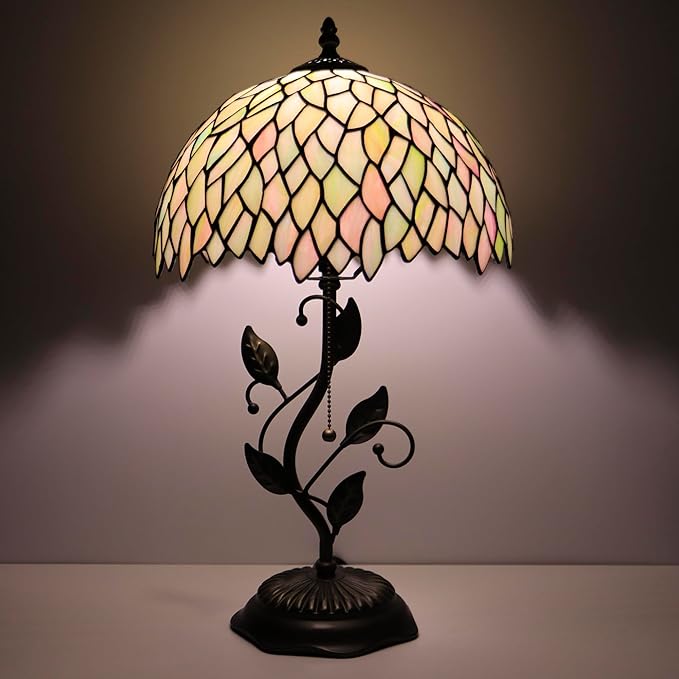 Tiffany Table Lamp, Stained Glass Style Desk Lamp, 12X12X19 Inch,Bedside Reading Light, Metal Leaf Base (Seven Color Wisteria)