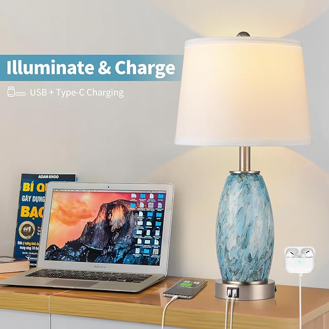 Table Lamps Set of 2 with 3-Way Lighting Modes, USB & Type C Ports - Coastal Modern Style Glass Nightstand Lamps for Living Room & Bedroom Decoration (23.5" H)