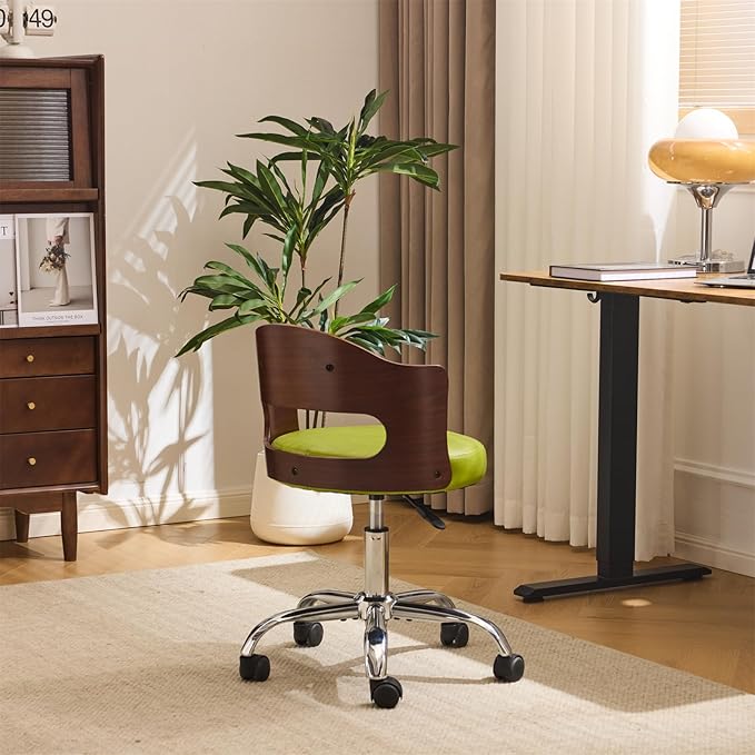 VINGLI Armless Home Office Desk Chair, Adjustable Swivel Chair,Dual-Use with/no Wheels,Small Retro Designed Walnut Curved Task Chair,Cushioned Nail Tech Chair for Study Area,Workspace,PU,Grass Green