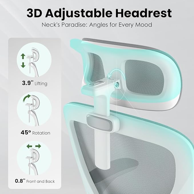Soohow Ergonomic Office Chair, Office Mesh Desk Chair with Adjustable Lumbar Support Armrests, Comfy Computer Desk Chair with Headrest, for Home and Office, White & Grey