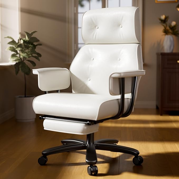 Reclining Office Chair with Footrest, Big and Tall Office Desk Chair 400lbs Wide Seat, Leather High Back Ergonomic Vintage Chair, Heavy Duty Executive Computer Chair, White