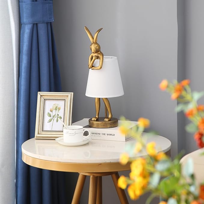 LED Bunny Table Lamp, Resin Animal Rabbit Desk Light with Linen Shade, 15.7 Inch Decorative Lamp for Bedroom, Office & Kids Room (15.7" White Shade)