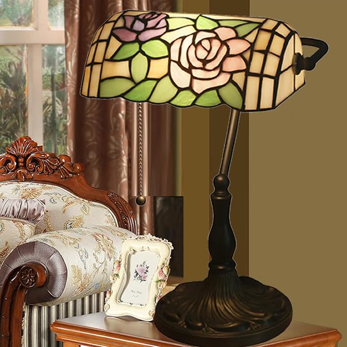 Tiffany Style Pink Rose Stained Glass Banker Desk Lamp, 10.62" W x 15.35" H, E26 Base, LED, 40W Max, Painted Alloy Base, Not Water Resistant