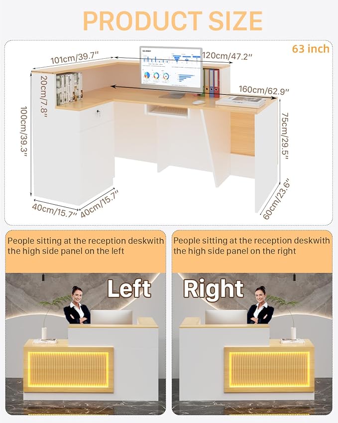 L-shaped Reception Desk, Solid Wood Reception Desk with Counter, Check out Stand with Lockable Drawer & Cabinet, Retail Checkout Counter for Office, Store, Beauty Salon (L-Shaped-Light Walnut-L, 63in)