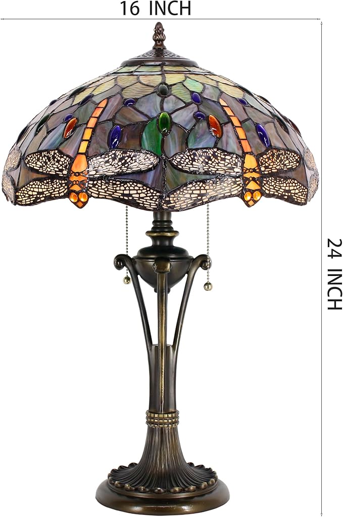 Tiffany Table Lamp Brown Yellow Stained Glass Desk Lamp 16X16X24 Inches Dragonfly Style Reading Light