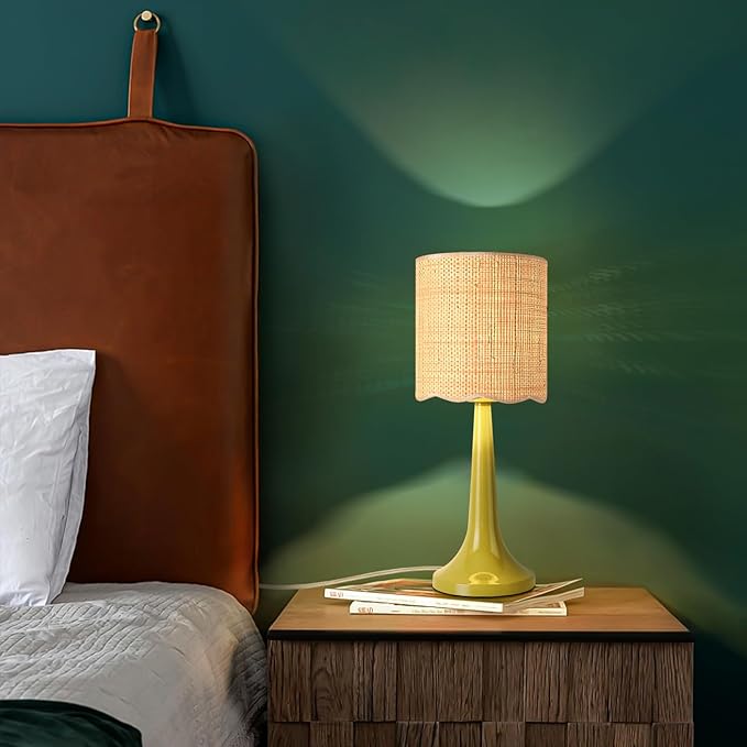 Green Rattan Small Table Lamp for Bedroom, Green Bedroom Lamps for Bedside Nightstand, Small Rattan Shade Table Shape Lamps for Small Spaces for Kitchen Counter, Home Office, Living Room, Kids Dorm
