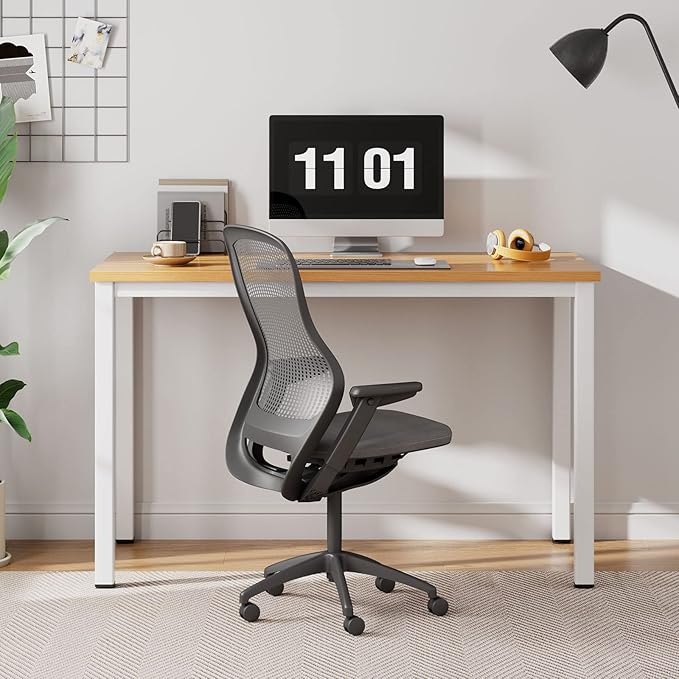Need Small Desk, 39.4 inches Sturdy Writing Desk for Small Spaces, Small Computer Desk Teens Desk Study Table Laptop Desk Home Ofice Desk, White Metal Frame, Teak