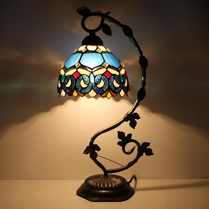 Tiffany Table Lamp, Stained Glass Desk Reading Light,Metal Leaf Table Lamp Base 8X10X21 Inches (Blue Baroque)