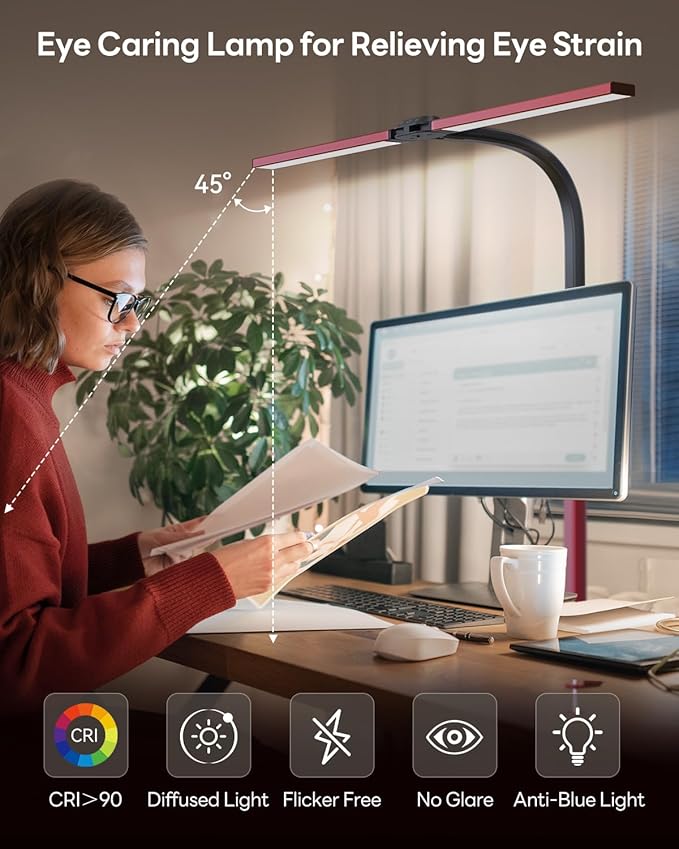 LED Desk Lamp for Home Office, Eye-Caring Desk Light with Clamp, Stepless Dimming 24W Double Head Architect Task Lamp with Remote Control, Flexible Gooseneck for Working Studying Reading Drafting(RED)