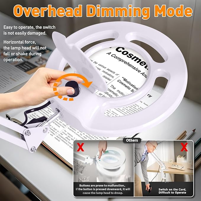 10X Magnifying Glass with Light and Stand, NUEYiO 2200 Lumens Stepless Dimming LED Magnifier Lamp, Adjustable Swing Long Arm Magnifying Light, Hands Free Craft Lamp for Projects Soldering Workbench