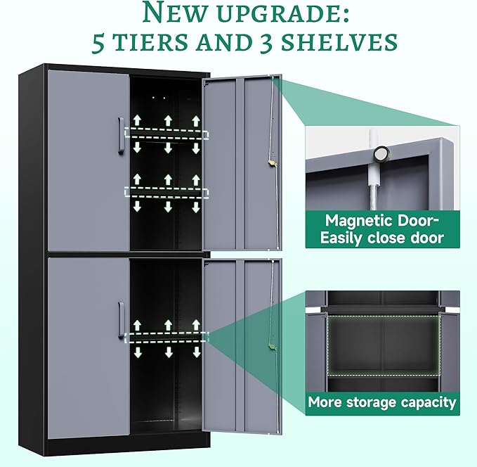 Letaya Metal Storage Cabinets with Lock Door and Shelves, Steel Garage Tool Cabinets for Home,Office, Warehouse,Lockers(71"-Black Gray)