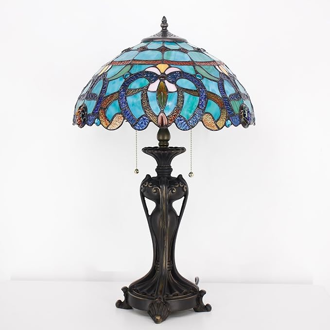 Tiffany Stained Glass Table Lamp 16X16X24 Inch Green Brown Jewelry Baroque Style Desk Bedroom Living Room Antique Reading Light (Green Brown Jewelry)